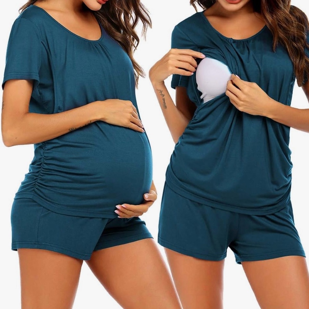 Blue Maternity Pajama Set with Nursing Access